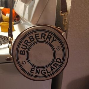 Burberry Beige Canvas Round Crossbody with Brown Leather Trim and Gold Hardware